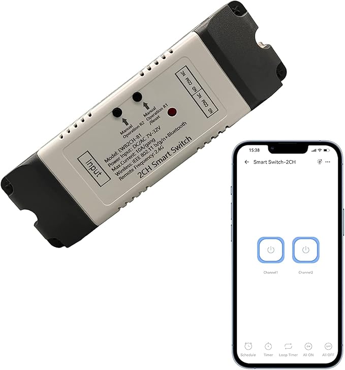 Newgoal 2 Channel EWelink Wireless Switch with Enclosure WiFi Switch Module Remote Control DIY Smart Home Bluetooth Relay 7-32V Power Input Compatible with Alexa Google Home