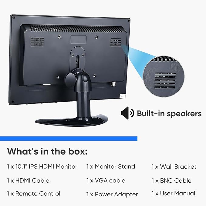 JaiHo 10.1 Inch Small IPS Monitor 19201200 Resolution 60Hz HD Display Screen, 16:10 Portable With Built-in Speaker, HDMI for Gaming CCTV Security Camera Raspberry Pi PC