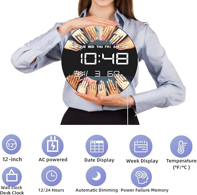 Timethink 12 Inch Nail Salon Digital Wall Clock Large Display, Nail Room Electric Wall Clock Auto-Brightness, Date, Temperature, 12/24hr, USB Powered for Nails Studio Beauty Salon Nail Technician Gift