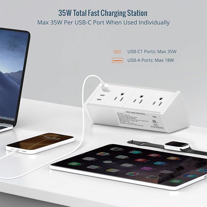 Tecmojo Desk Clamp Power Strip 3 Outlet with 1 USB A and 2 USB C Ports, 6 ft Cord, Desk Outlet Station Fit 1.6" Tabletop Edge,ETL Listed,White