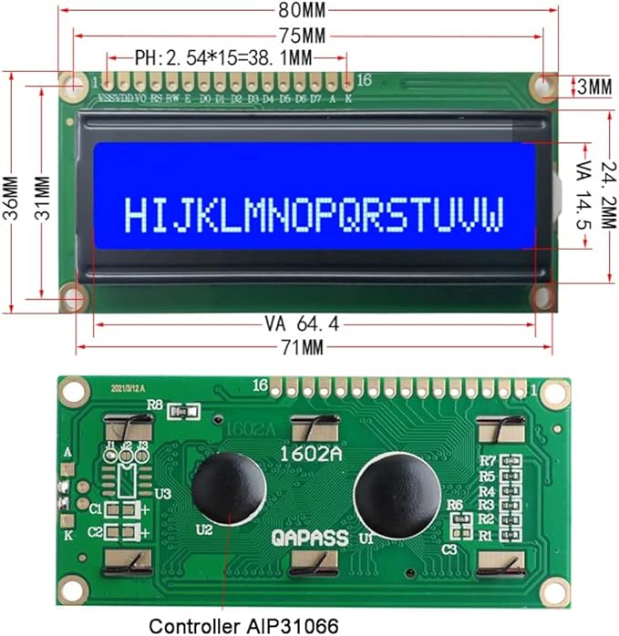 DIYmalls 16x2 1602 LCD Display Screen Module DC 5V White Character Blue Backlight 1602A 16 Pin Parallel Interface AIP31066 Controller for Arduino ESP32 Development Board (Pack of 4), no IIC