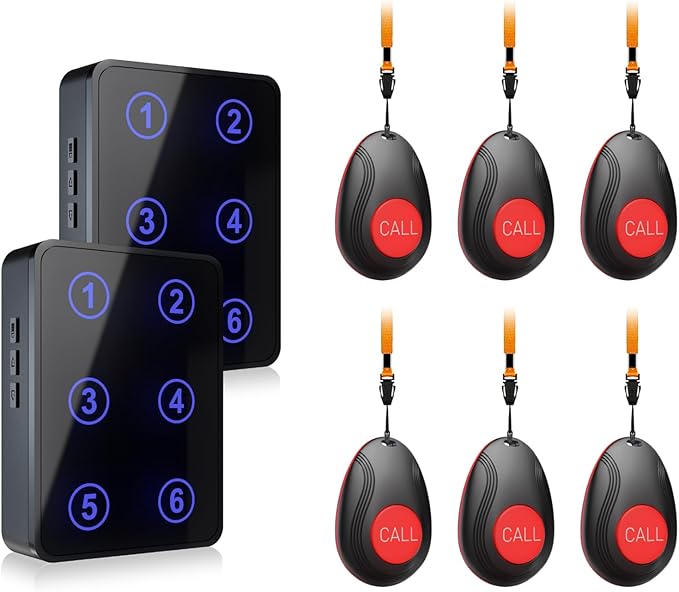 CallToU Wireless Call Button Caregiver Pager Nurse Call System for Elderly/Patients at Home/Hospital with Voice Announcements and LED Number Display (6 Waterproof Call Button & 2 Receiver)