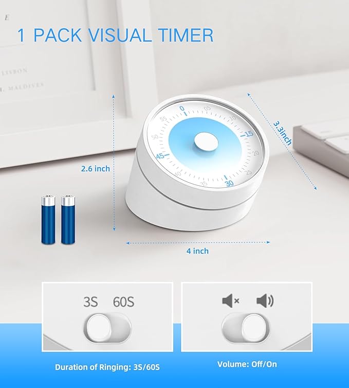 Rosenpatio Visual Timer for Adults Teenager - Timers for Classroom Teachers 60 Minutes Countdown Home School Study Tool, Non-Ticking Rotating Timer for Exam Work Kitchen Office Gym, 1 Pack