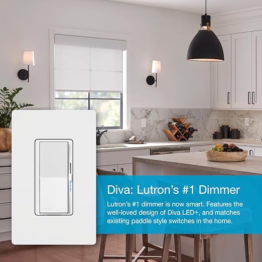 Lutron Diva Smart Dimmer Light Switch for Caseta Lighting (Lutron Smart Hub Required), for LED Lights, 150W, Single-Pole/3-Way, No Neutral, Brown (DVRF-6L-BR)