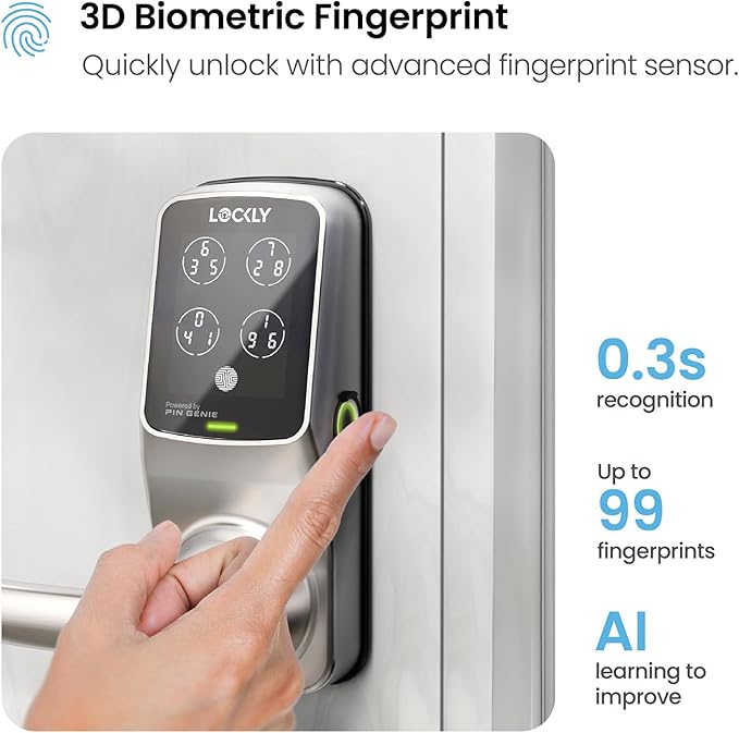 Lockly Secure Plus Smart Lock Bluetooth, 3D Biometric Fingerprint Sensor Front Door Lock with Handle, Digital Keypad Keyless Entry Door Lock, Voice Control & Auto Lock - Latch Edition