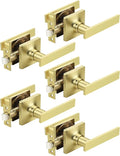 Mengico 5 Pack Passage Door Levers Gold Finish, No-Locking Keyless Square Door Knob, Interior Door Handles for Closet and Hallway, Reversible for Left & Right Handed