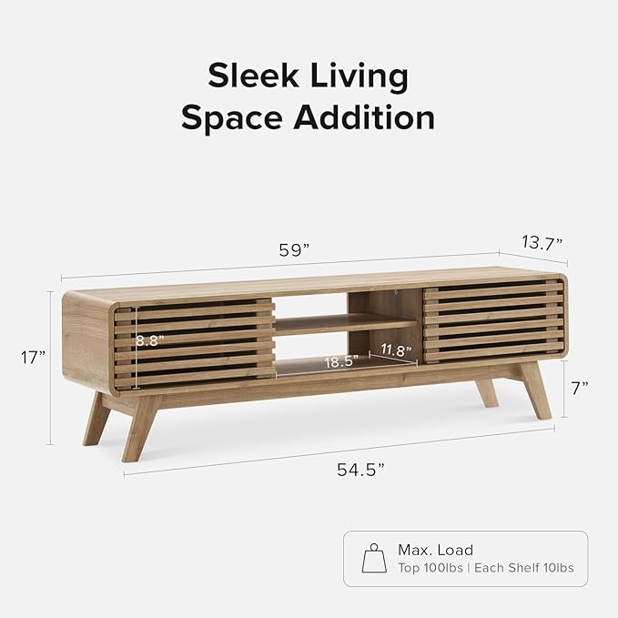 mopio Ensley TV Stand, Mid Century Modern for 55/60/65 inch TV, Farmhouse TV Stand, Entertainment Center with Storage, TV and Media Console for Living Room (Oak, 59" Low)