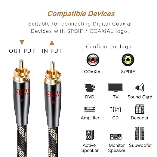 SKW Digital Coaxial Cable RCA to RCA Multiple Shield with Ultra-high Purity Copper Subwoofer Cable for HiFi Systems 3.2ft/1M