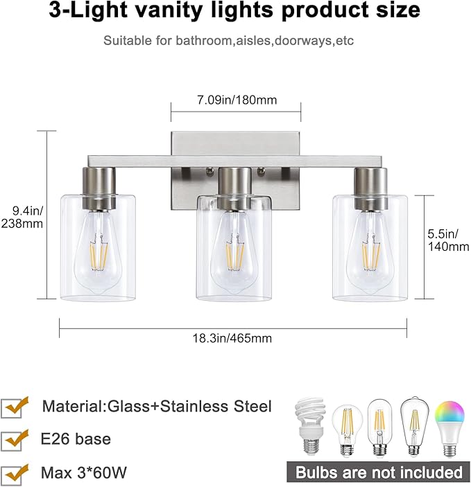 SOPEAS 3-Light Vanity Lights,Brushed Nickel Vanity Light,with Clear Glass Shade for Bathroom Light Fixtures, Bathroom Light Fixtures Over Mirror