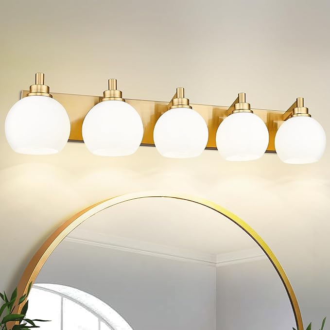 METWET Bathroom Light Fixtures, 5-Light Brushed Gold Bathroom Vanity Lights Over Mirror with Globe Milk White Glass Shade, 32 Inch Modern Vanity Lighting Fixtures, VL195-BG-ML-5
