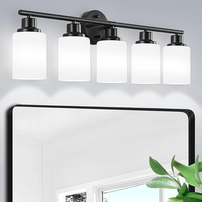 Guliaofo 5-Light Bathroom Light Fixtures, E26 Base Vanity Lights for Mirror with Textured Milky White Glass Shade, Modern Kitchen Light Fixtures Wall Sconce Light - Black