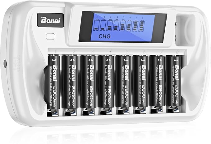 BONAI Rechargeable AA Batteries with Charger, 8+1 Bay Battery Charger with LCD Display for 1.2V NiMH AA AAA 9V, 2800mAh High Capacity Low Self Discharge- 8 Pack