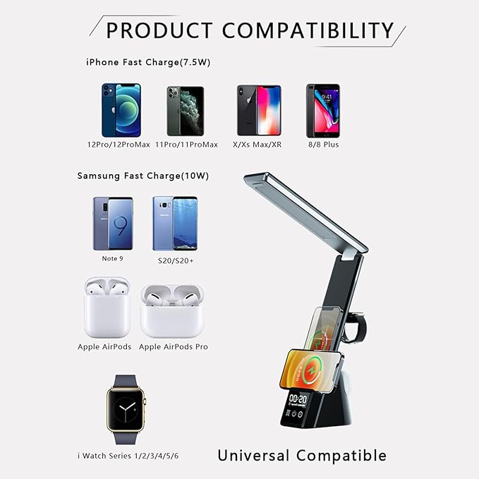 FJHBL Multifunctional Desk Lamp Wireless Charger with LED Display, Digital Clock, Alarm, and Tri-Color Lighting. Compatible with All Major Qi-Enabled Phones, Watches, and Earbuds,N61(Black).