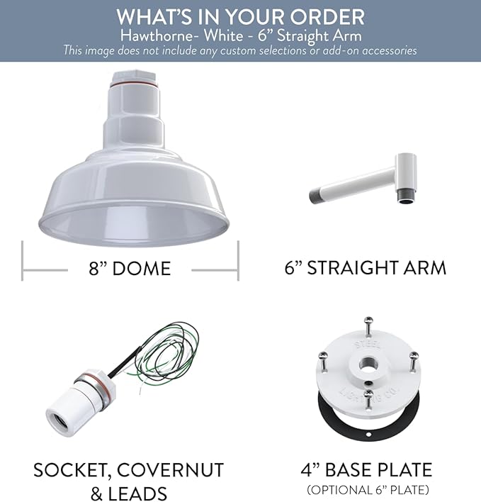 Steel Lighting Co. Hawthorne Barn Light | Outdoor Wall Mounted | 8 inch Dome | 6 inch Straight Arm| Small Farmhouse Light Made in America | White Exterior/White Interior