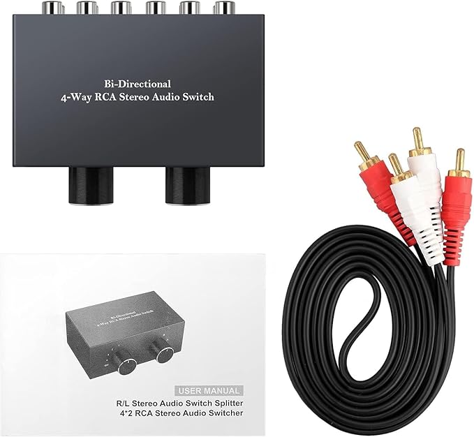 RCA L/R Audio Switcher, 4(2)-in-2(4)-Out Analogue Audio Switch, Noiseless Stereo Speaker Selector for Phono TV Headphones Soundbar PC Game, 4 Way Audio Splitter Box