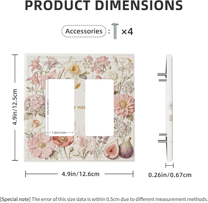 Bvtewkhz Floral Plant Watercolor Flowers 2 Gang Double Rocker Decorative Outlet Covers Light Switch Plate Electrical Receptacle Switchplate For Bathroom Kitchen Bedroom