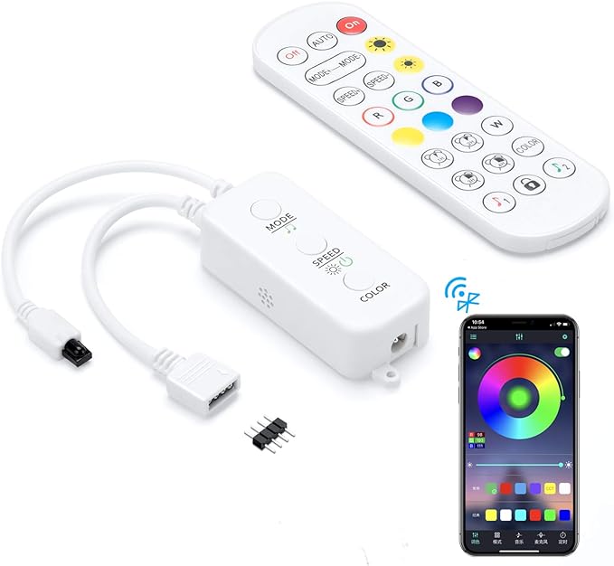 RGB LED Strip Light Controller, with APP, Music Sync and IR Remote, with Unlimited Colors and Pin Modify Feature Compatible with 5V-24V All 4-pin 10mm RGB LED Strip via Bluetooth Connection