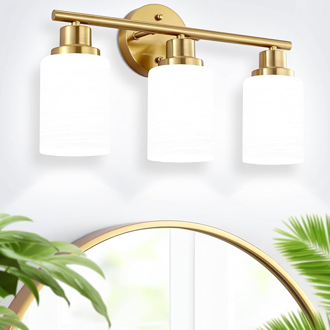 Guliaofo 3-Light Bathroom Light Fixtures, Vanity Lights for Mirror with Textured Milky White Glass Shade, Modern Kitchen Light Fixtures Wall Sconce Light - E26 Base - Brushed Gold