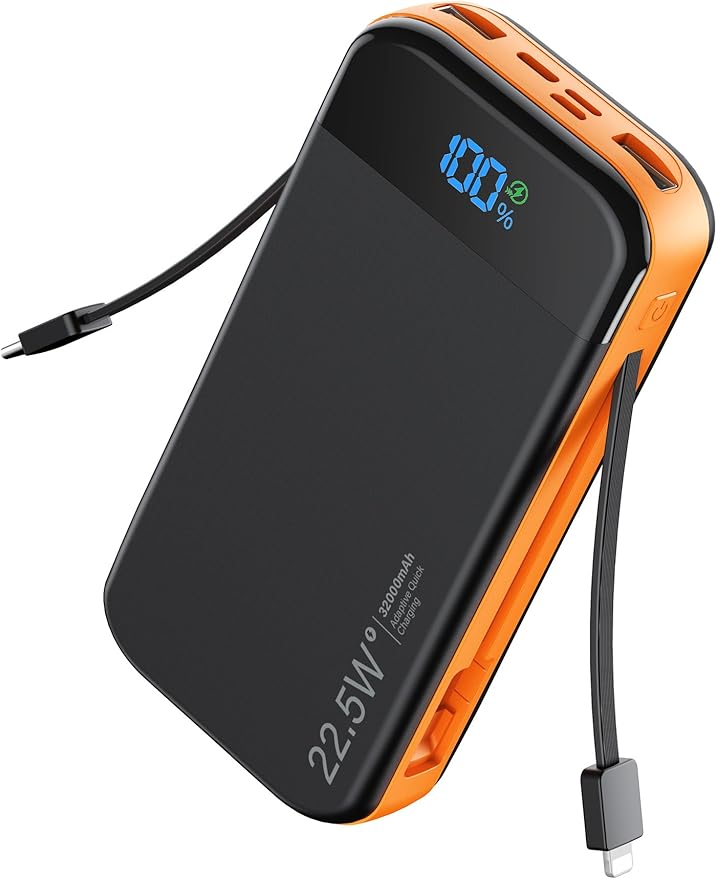 LENGSUM Portable Charger Power Bank Built-in Cables, 32000mAh 22.5W USB C Fast Charging, 5 Outputs 3 Inputs Travel Essentials Battery Pack Compatible with iPhone, iPad, Samsung, Google Pixel, Orange