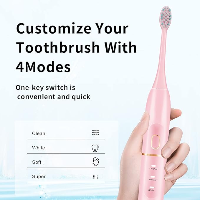 kingheroes Electric Toothbrush Set, Comes with 8 Brush Heads & Travel Case,4 Modes with 2 Minutes Built in Smart Timer, One Charge for 60 Days, 42000 VPM Motor (Pink)