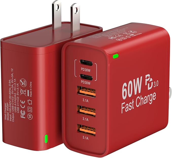 2Pack USB C Fast Charger Block, Total 60W 5-Port USB C Wall Charger 30W Type C Charging Block, 2USB C+3USB A PD 3.0 Multiport Charging Cube for iPhone 17 16 15 14 Pro Max, G-alaxy S25 S24 Ultra, i Pad