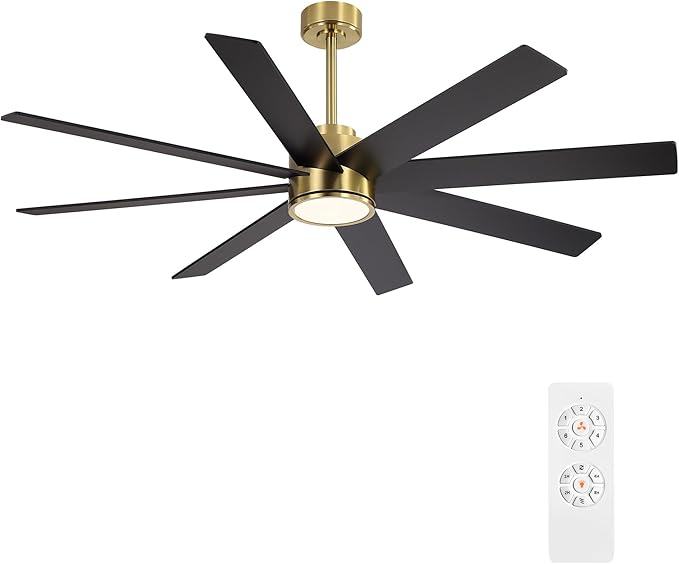 WINGBO 60" Large DC Ceiling Fans with Lights and Remote, 3 Downrods, 8 Plywood Blades, 6-Speeds Reversible DC Motor, 3CCT, Indoor Ceiling Fan for Bedroom Living Room Patio, Brass and Black