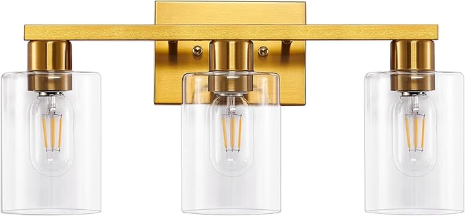 SOPEAS Gold 3-Light Bathroom Vanity Light, Modern Brushed Gold Vanity Lights with Clear Glass Shades, Bathroom Wall Sconce Lamp for Mirror Living Room Bedroom Hallway