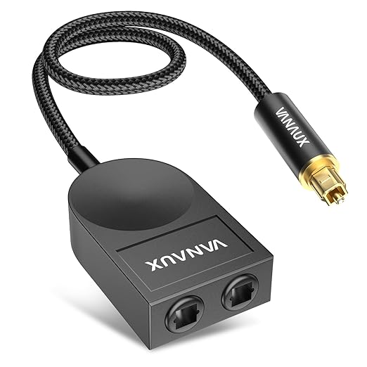 VANAUX Optical Audio Splitter 1 in 2 Out,SPDIF Toslink Digital Optical Audio Cable Splitter 1x2 Support LPCM2.0 Doldy Digital & DTS 5.1 for Home Theater,Sound Bar,Gaming Console,Blu-ray Players,Black