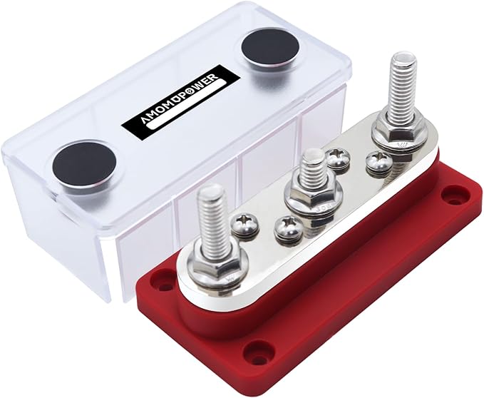 AMOMD 300A Bus Bars 3 Terminal Studs (5/16 inch) M8 4x8#-32 Screws Nickel Plated Copper Distribution Block Negative Electrical Buss Bars 12-48 V DC with Cover for Trailer Marine Boat Car RV (Red)