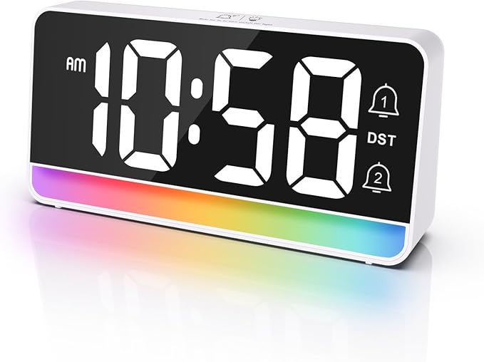 Alarm Clocks for Bedrooms, Digital Bedside Clock with RGB Night Light, Adjustable Volume for Heavy Sleepers, USB Charger, Large Display, Modern Decor for Desk, Dimmable Alarm Clock for Kids(White)