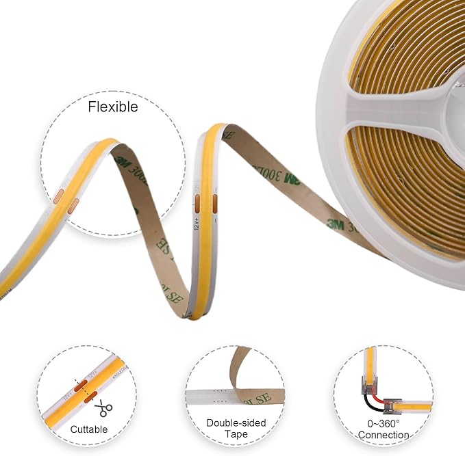 TUNICHX COB LED Strip Lights DC 12V LED Strip Flexible High Density UniformLED Strips,16.4ft 4000K Natural White,CRI 90+,2400LEDs Dimmable Lights for Home Room Decor(No Adapter or Controller)
