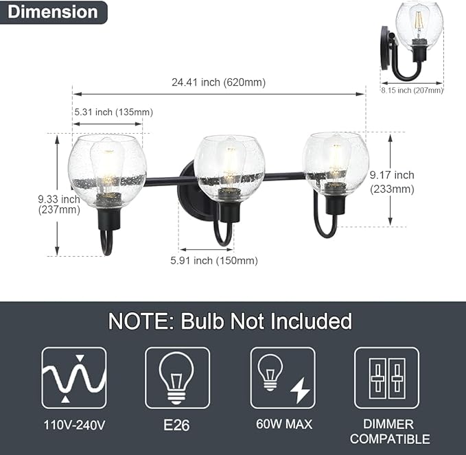 WINSHEN Modern 3-Lights Black Vanity Light Fixtures Farmhouse Metal Bathroom Lighting with Seeded Globe Glass for Hallway Kitchen Over Mirror Bedroom