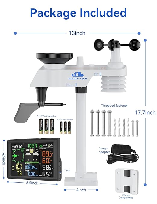 AIRAIN TECH 10-in-1 Wireless Weather Station,with Outdoor Sensor,Rain Gauge,Atomic Clock,Wind Speed/Wind Direction,Indoor Temperature and Humidity,Barometer,Weather Forecast, etc.(NO WiFi)