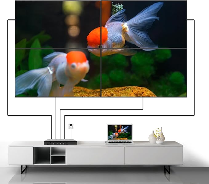 Video Wall Controller HDMI 1X4,Splicing Professional Processor with 4 HDMI+3.5mm Audio Output 180 Degree Rotate TV Wall Display 8 Splicing Modes 1x1, 1x2, 1x3, 1x4, 2x1, 3x1,4x1, 2x2