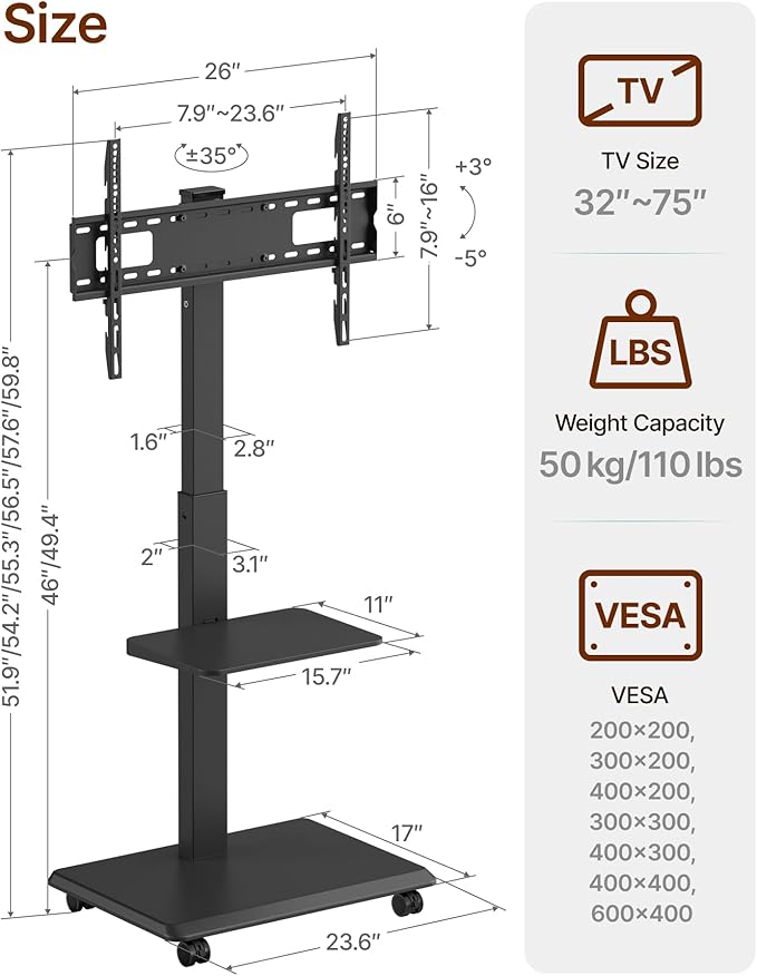 ECOTINY Steel Base Rolling TV Stand for 32-75 inch TVs up to 110 lbs, Leveling & Tilt & Swivel Mobile TV Stand with Hidden Wire Management, Height Adjustable Portable Tv Stand with Steel Shelf, Black