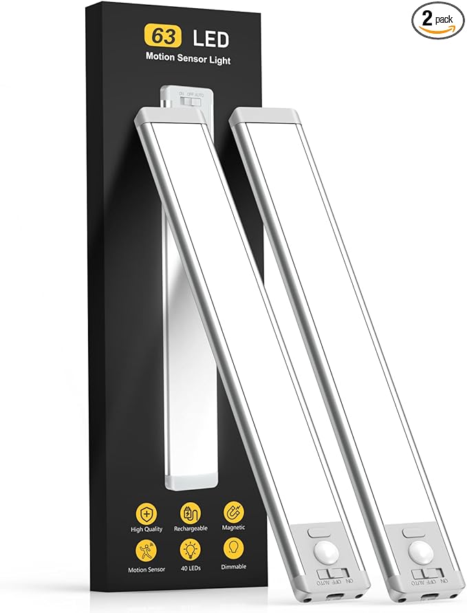 Under Cabinet Lighting, 14.7" Rechargeable Motion Sensor Light Indoor, 2 Pack Magnetic Dimmable Closet Lights, Wireless Under Counter Lights for Kitchen, Stairs,Hallway
