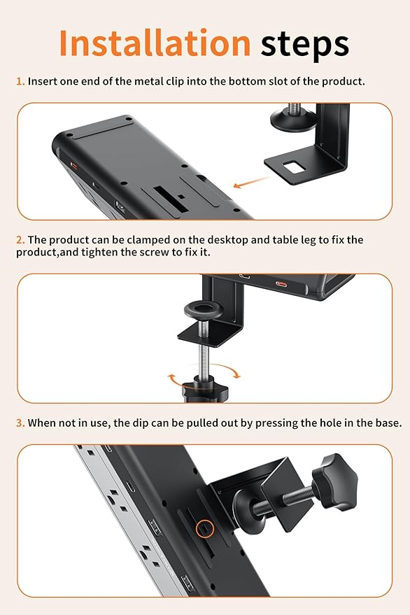 10 FT Desk Clamp Power Strip with 5 AC Outlets & 6 USB Ports PD 40W USB-C Fast Charging, 1250J Surge Protector, Fits 2.1 in top Edge Black
