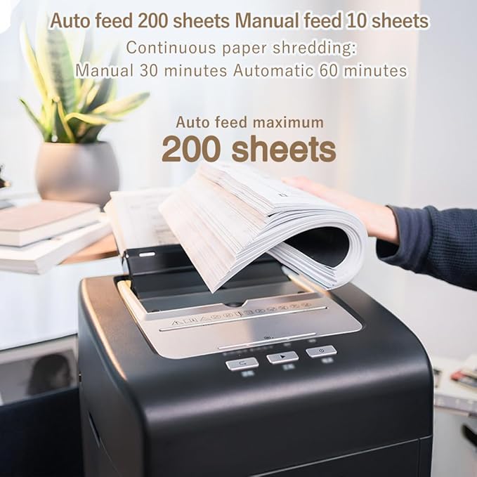 Effeluviate Commercial Autofeed Paper Shredder: 200 Sheets P-5 Micro Cut Shreds CDs/Cards/Staples 60-Min Continuous Run Anti-Jam 9.3 Gal Bin Quiet Heavy Duty for Home Office School Business - Black