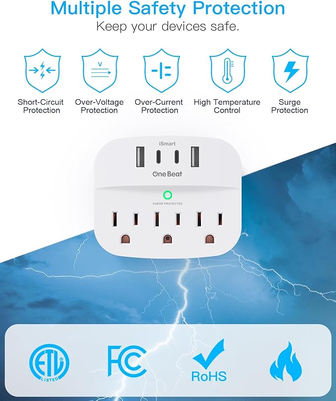 1 Pack Multi Plug Outlet Splitter with USB, Surge Protector Outlet Extender with 3 Wall Outlets 4 USB Wall Charger(2 USB C), 490 Joules, ETL Listed, Small Outlet Adapter Plug Extender for Travel,White