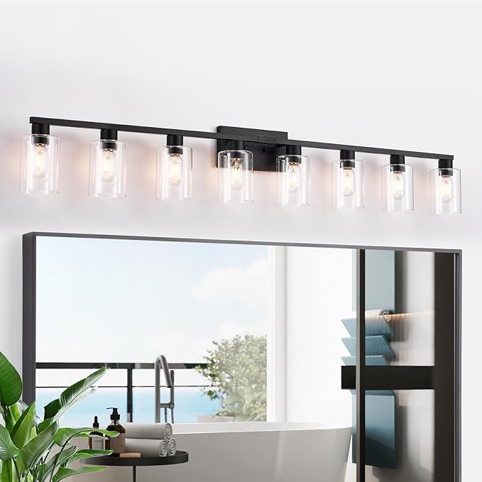 SOPEAS 8-Light Black Vanity Light Fixtures,Vanity Lights Clear Glass ShadeRust and Moisture Resistant Easy to Install Vanity Lights for Bathroom Light Over Mirror