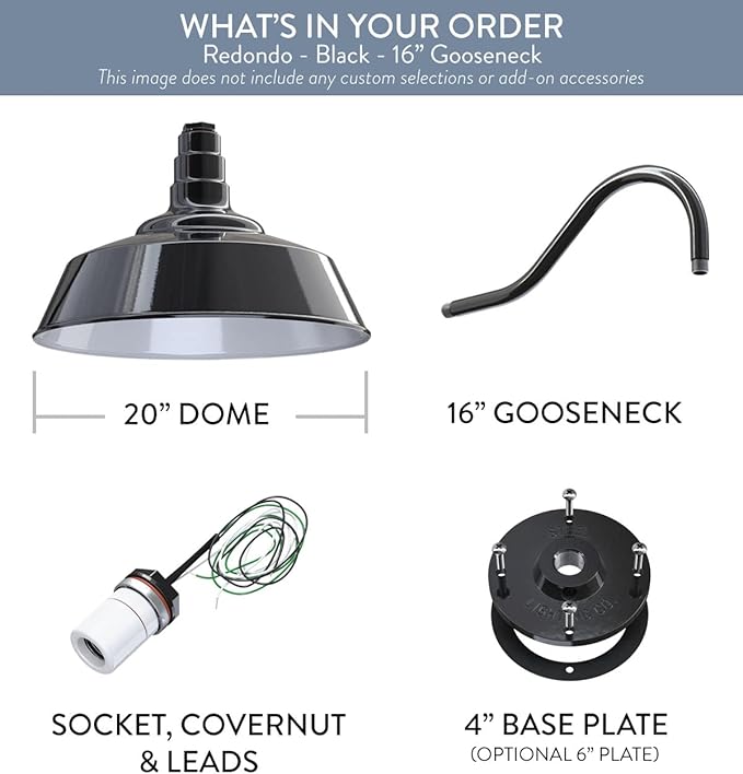 Steel Lighting Co. Large Outdoor Barn Light | Gooseneck Light Fixture | Made in America from 18-Gauge Steel | 20" Dome | 16" Gooseneck Black Exterior/White Interior