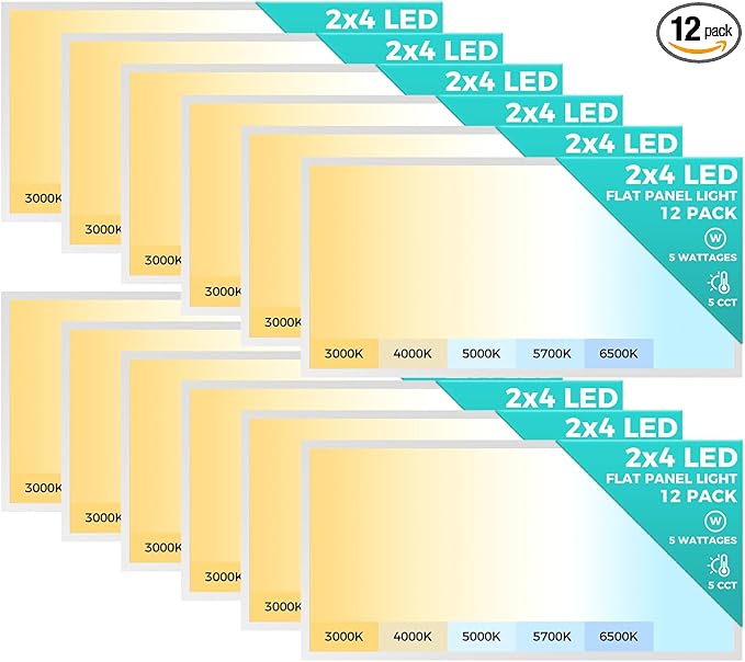 Aphyni 12 Pack 2x4 LED Flat Panel Light, Bright 9100LM Flush Mount Office Kitchen Ceiling Light Fixtures,Dimmable,Selectable 5 CCT 3000K/4000K/5000K/5700K/6500K, 5 Wattages 30W/40W/50W/60W/70W