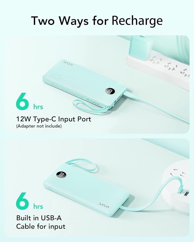 VRURC Portable Charger for iPhone, 22.5W Fast Charging Power Bank 10000mAh, USB C Battery Pack 4 Outputs 3 Inputs, Slim Phone Charger with Cables for iPhone 17 16 15 14 13,Samsung Galaxy-Green(1 Pack)