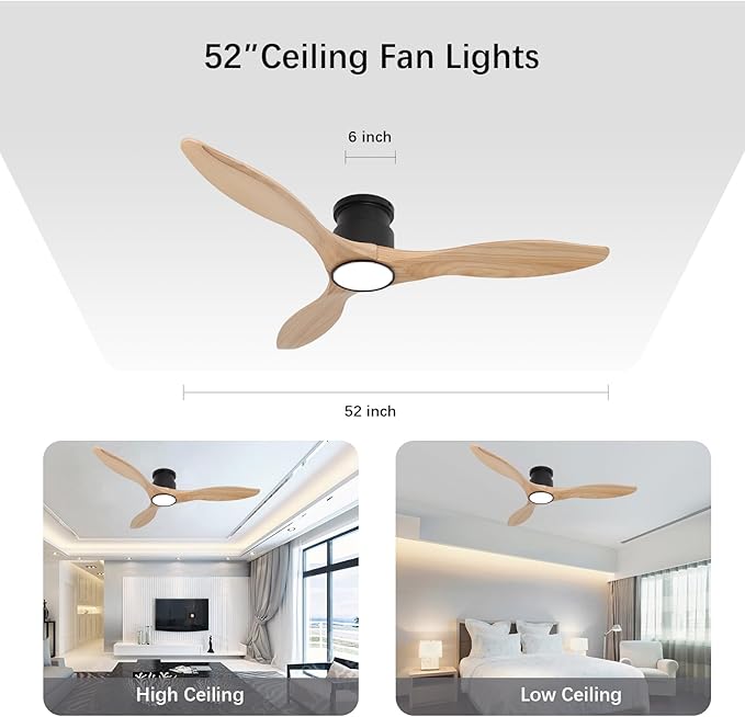 revoici Ceiling Fans with Lights Remote 52inch Solid Amber Color Wood Fan Timing 6 Speeds Silent Reversible DC Motor 3CCT LED Light with Memory Lighting Function Indoor Outdoor Fan Farmhouse Bedroom