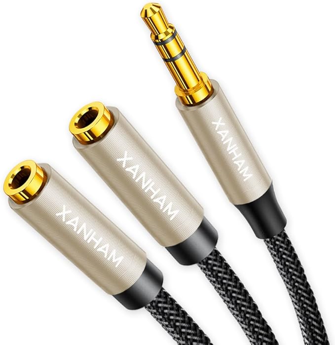XANHAM 3.5mm Audio Stereo Y Splitter TRS Aux 1/8 Inch Mini Jack Extension 1 in 2 Out Adapter Cable for Headphone Audio Sharing Compatible with iPhone, iPad, iPod, Smartphone, Tablet, Laptop/PC, etc
