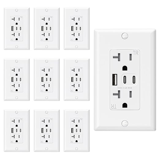 ELEGRP USB Outlets, 20 Amp Wall Outlet with 3 USB Ports, Dual USB C Ports Outlets, TR Tamper-Resistant USB Outlets Receptacles, Wall Plate Included, UL/CUL Listed, 10 Pack, White
