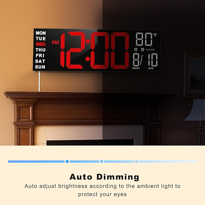 TrophyRak 16" Large Digital Wall Mount Clock, Count Down Timer, Alarm, Big LED, RGB Color, DST, Temperature for Living Room Classroom Desk, Wall, Xmas, Birthday Gift for Senior Mom Dad, Red White