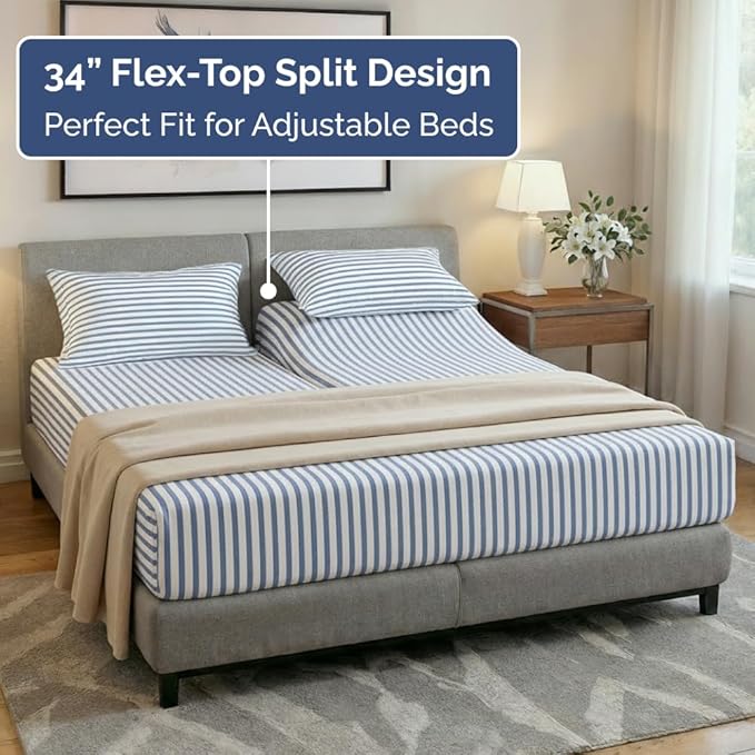 Split Head King Sheet Set – 4 Piece Flex Split Top King Sheets for Adjustable Beds - Fits 14” to 16" Mattress w/ Deep Pockets - Breathable & Cooling - Luxury Bedding and Wrinkle Free - Blue Stripes 3