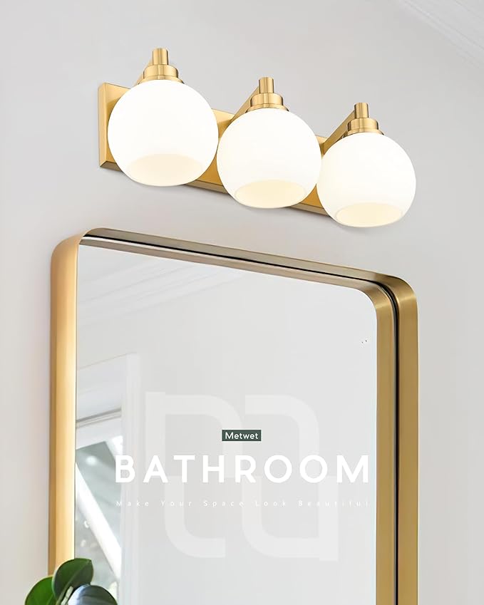 METWET Bathroom Light Fixtures, 3-Light Brushed Gold Vanity Light, Modern Wall Sconces with Milk White Globe Glass Shade, Vanity Lighting Fixtures Over Mirror, VL195-BG-ML-3