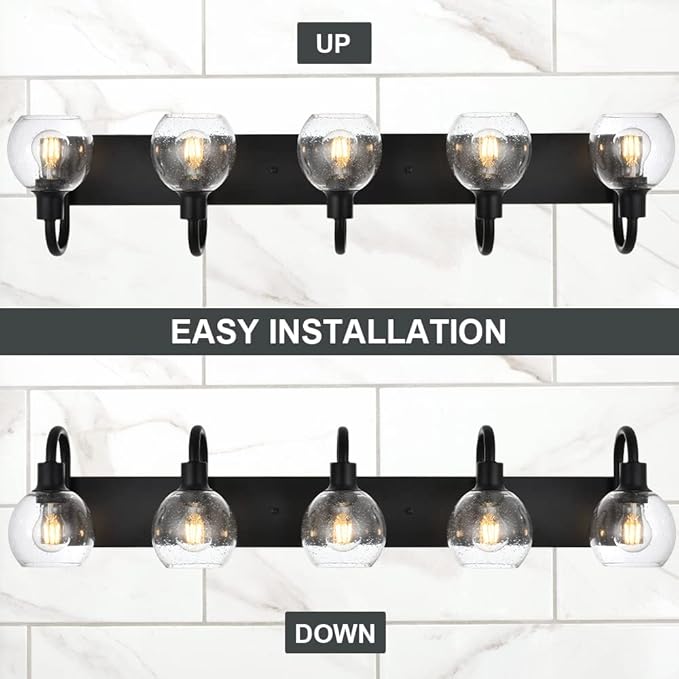 WINSHEN Bathroom Light Fixtures 5-Lights Matte Black Farmhouse Vanity Lighting with Seeded Globe Glass for Over Mirror